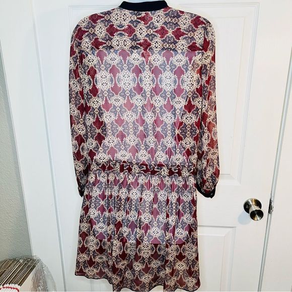 Club Monaco Sheer Silk Micro Pleat Front Drop Waist Dress Maroon Navy 4 - Picture 7 of 9